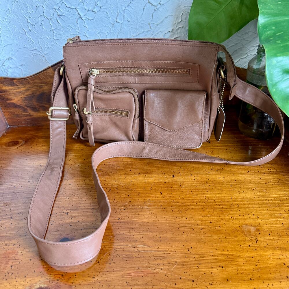 Vintage Leather Crossbody Bag Brown Multi Pocket Shoulder Purse Great American